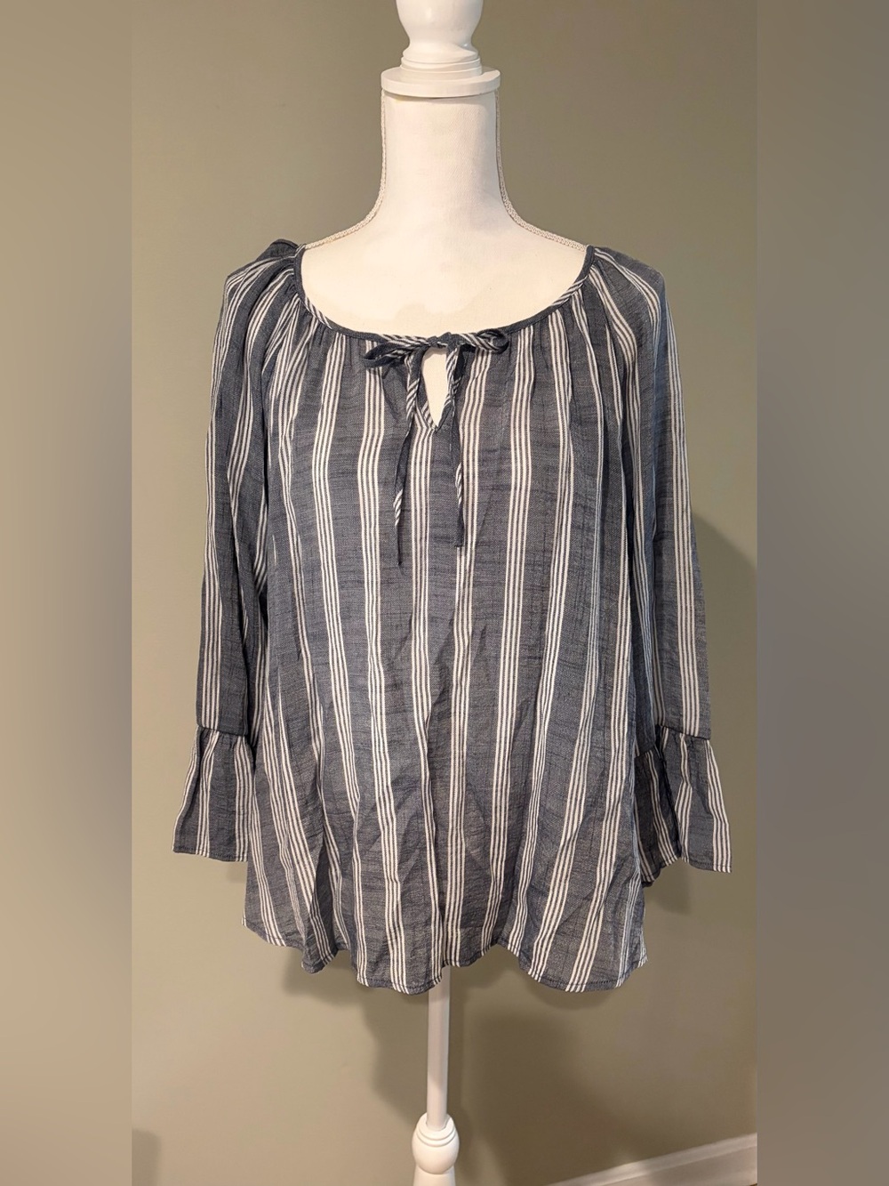 Fred David Blue White Striped Rayon Blend Peasant Blouse - Large